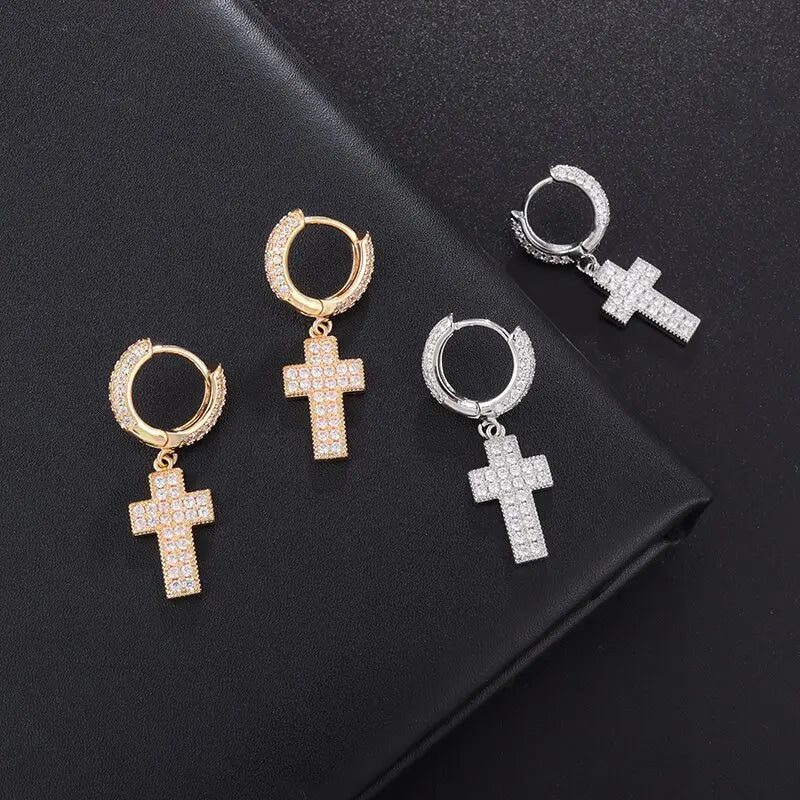 Hip Hop Ice Out Cross Pendant Earrings Hypoallergenic