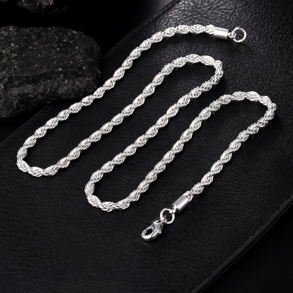 Silver Color 4mm Chain Twisted Rope Necklace Bracelets Fashion Women/Men Silver High Quality Jewelry Set