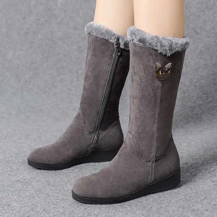 Warm Chelsea High Fur Boots Women's Chunky Mid-Calf Plush Snow Flat Boots ZIP Fashion Boots