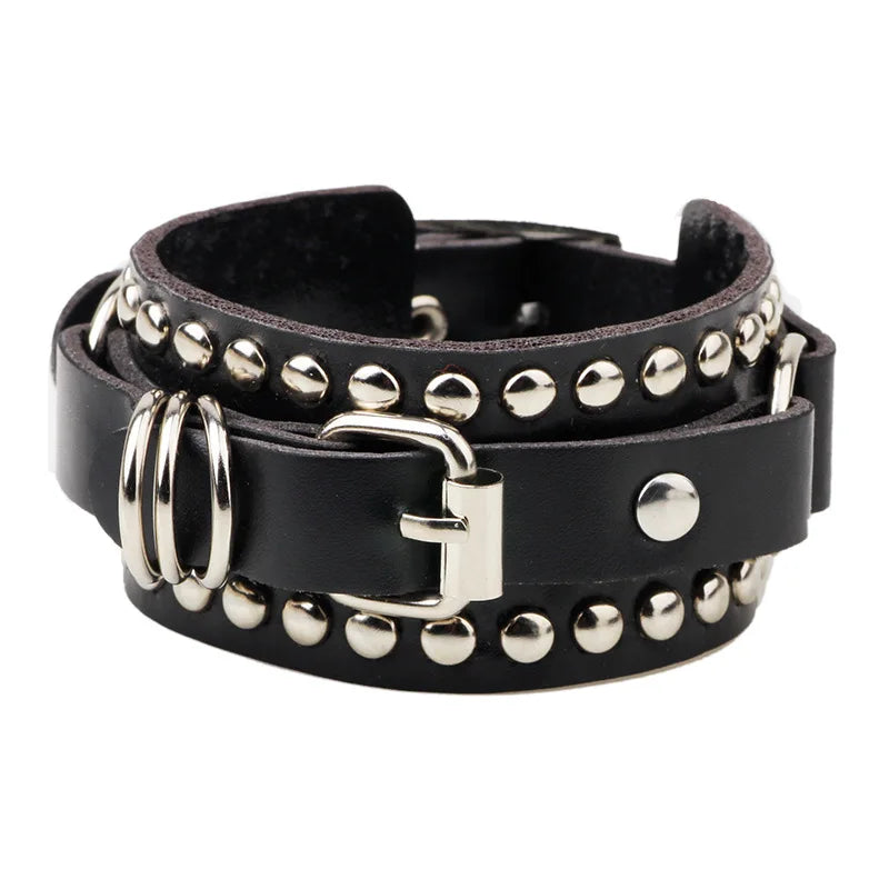 Black/White Leather Wristband Bracelet Cuff Gothic Punk Women/Men Spikes Rivet Stud Bangle